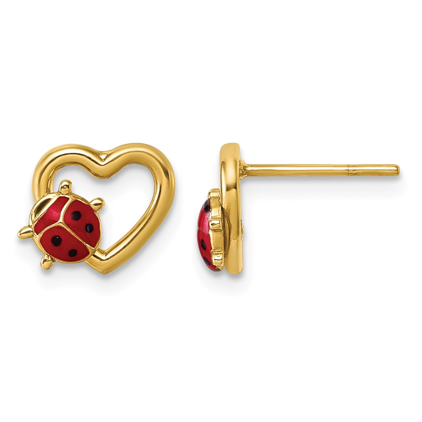 14K Polished Red and Black Enameled Ladybug on Heart Post Earrings