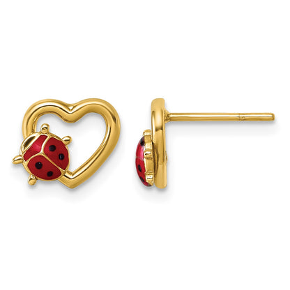 14K Polished Red and Black Enameled Ladybug on Heart Post Earrings
