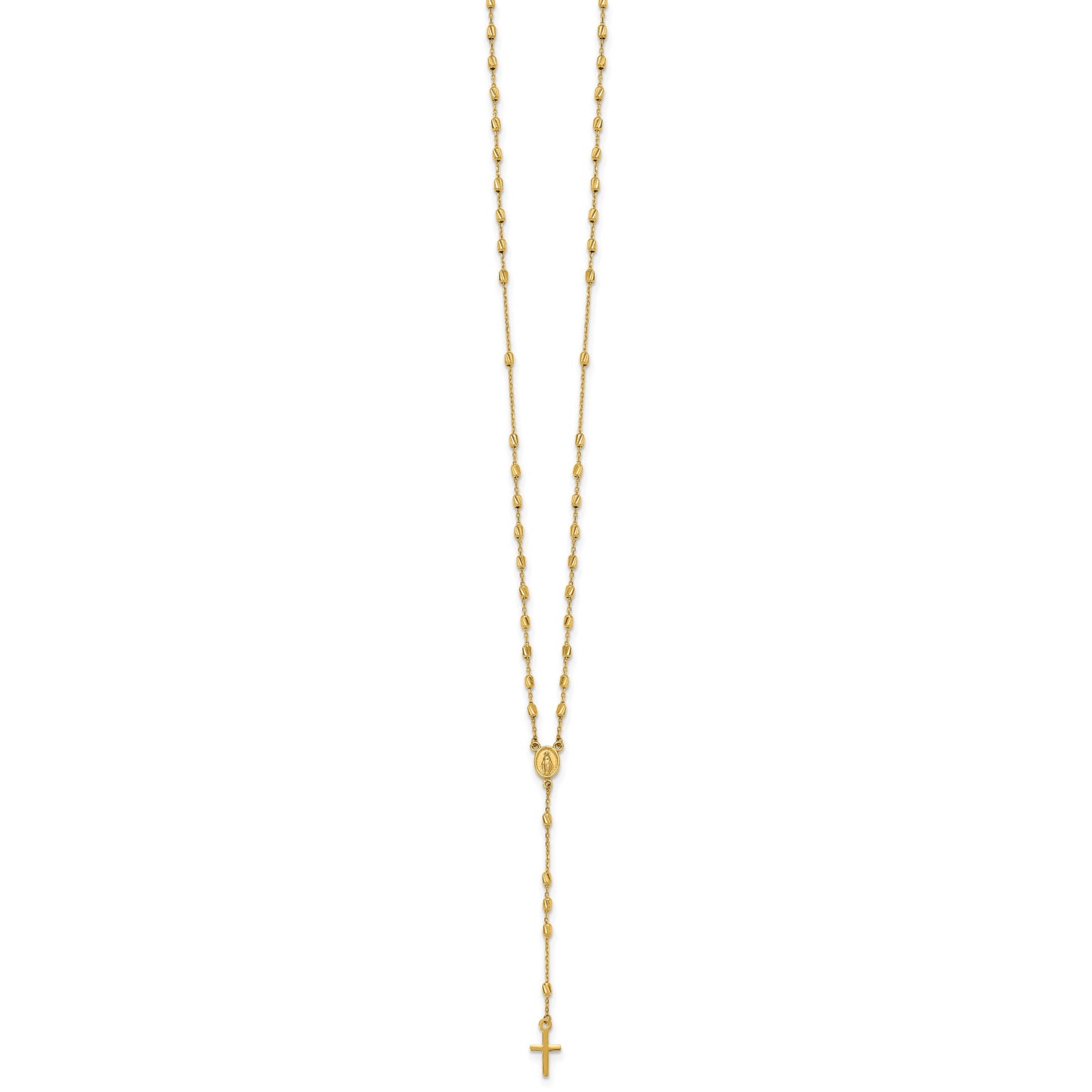 14k Polished Cross and Miraculous Medal Diamond-cut Beaded 16.75 inch Rosary Necklace with 2 inch Extender