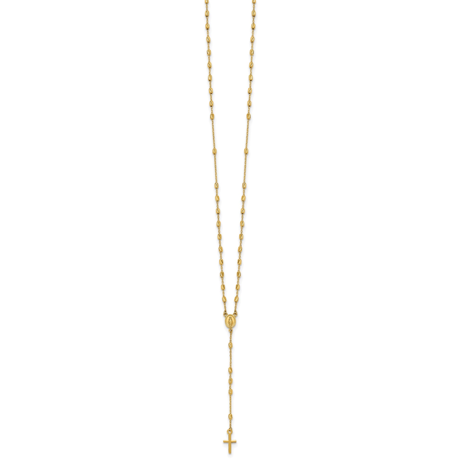 14k Polished Cross and Miraculous Medal Diamond-cut Beaded 16.75 inch Rosary Necklace with 2 inch Extender