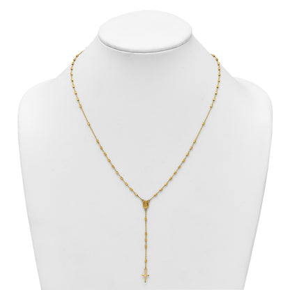 14k Polished Cross and Miraculous Medal Diamond-cut Beaded 16.75 inch Rosary Necklace with 2 inch Extender