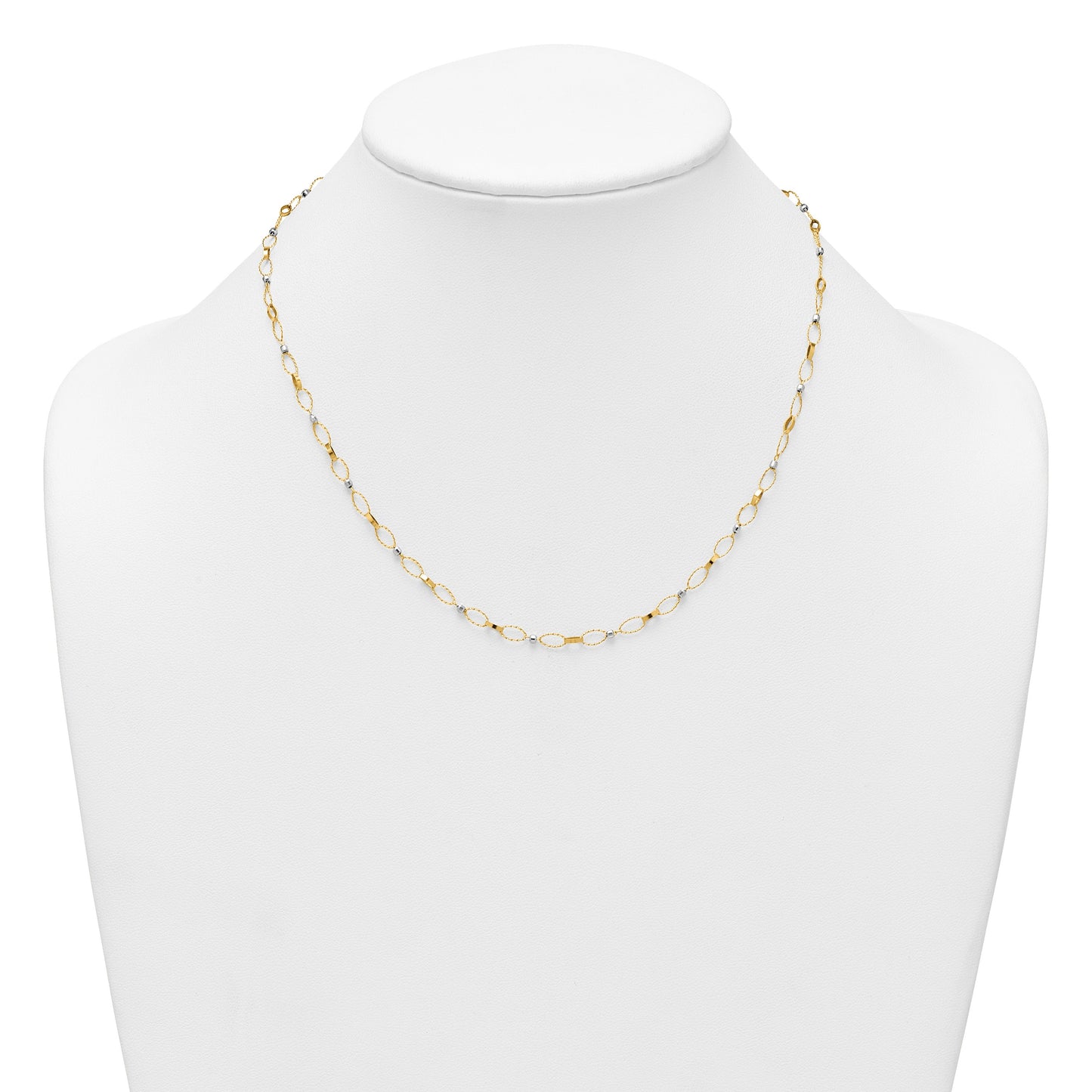 14k Two-tone Polished and Twisted Fancy Oval Links and Faceted Beads 18 inch Necklace