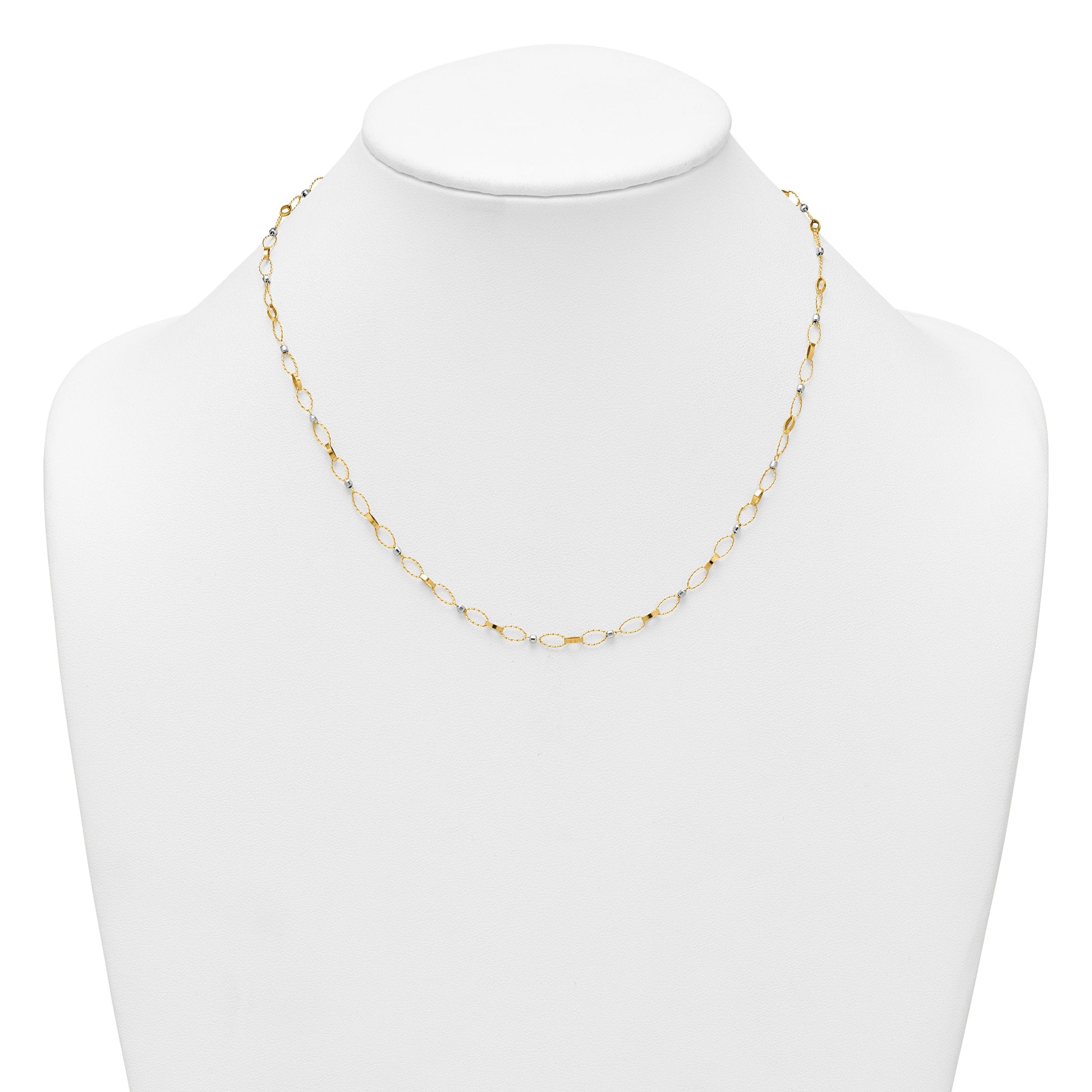 14k Two-tone Polished and Twisted Fancy Oval Links and Faceted Beads 18 inch Necklace