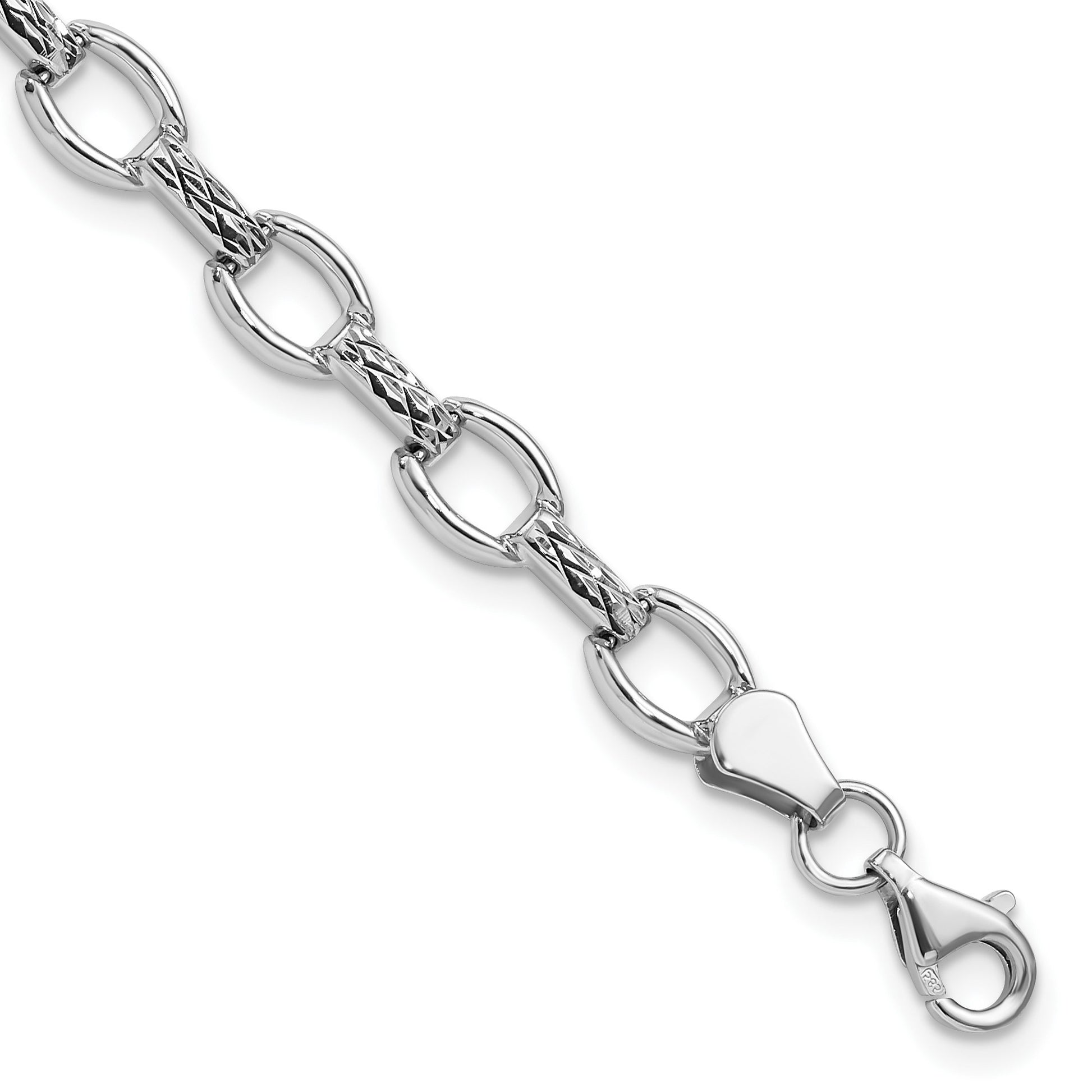 14k White Gold Polished Diamond-cut 7mm Fancy Link 7 inch Bracelet
