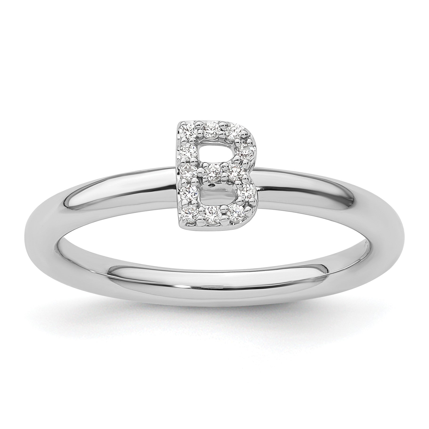 14K White Gold Stackable Diamond Initial B Size 7 Ring