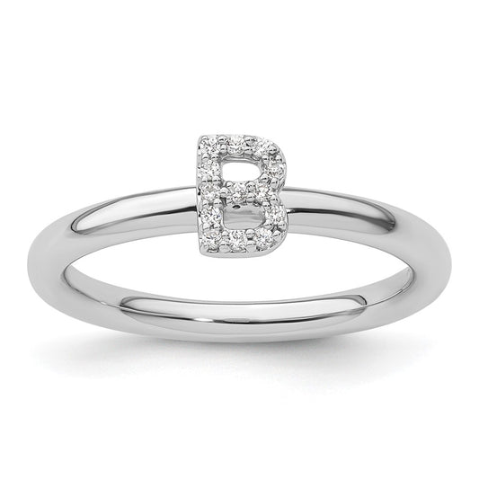 14K White Gold Stackable Diamond Initial B Ring