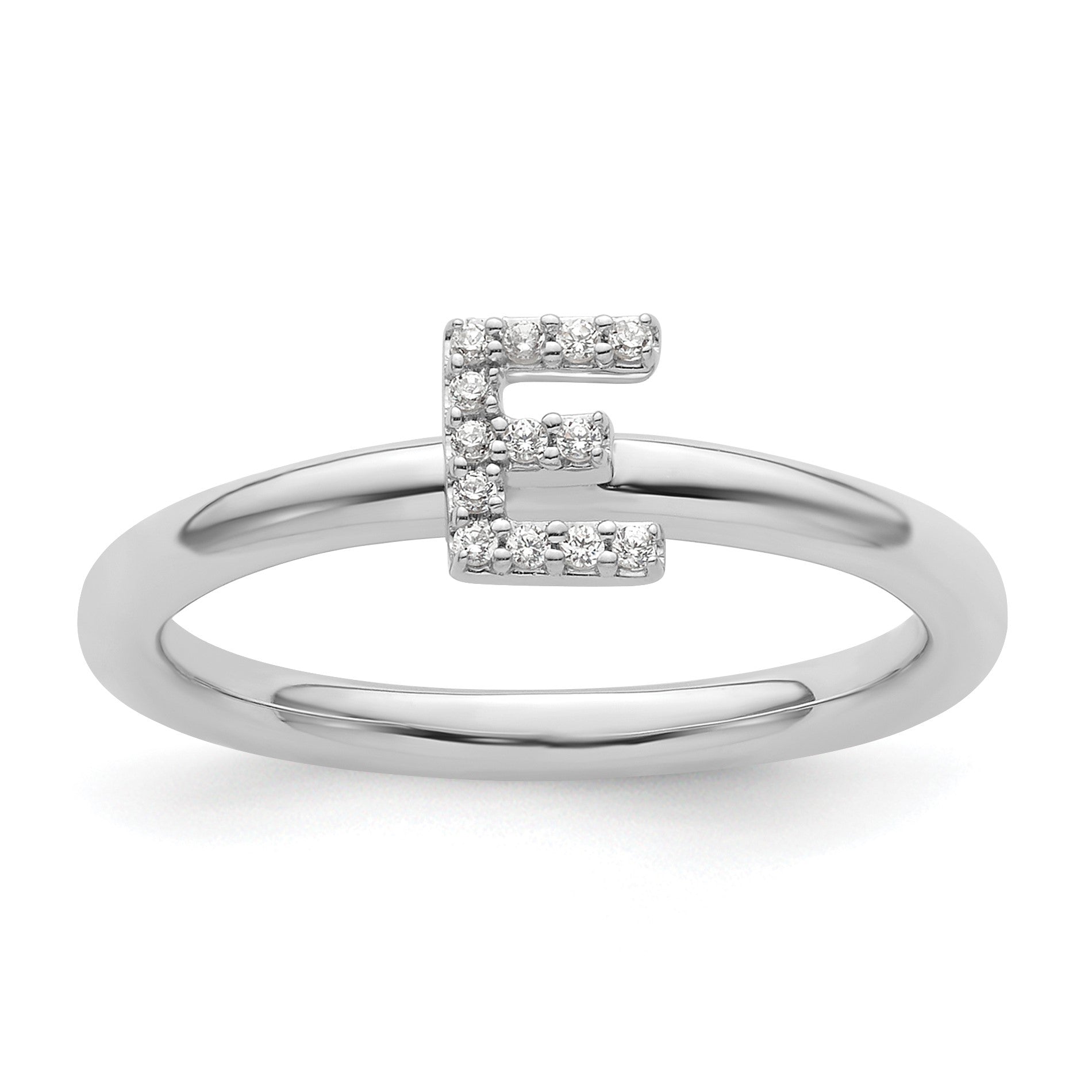 14K White Gold Stackable Diamond Initial E Size 7 Ring
