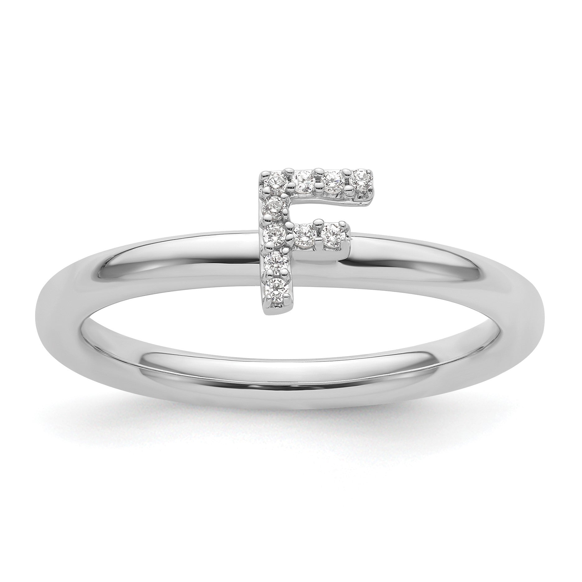 14K White Gold Stackable Diamond Initial F Size 7 Ring