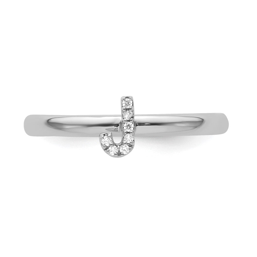 14K White Gold Stackable Diamond Initial J Ring