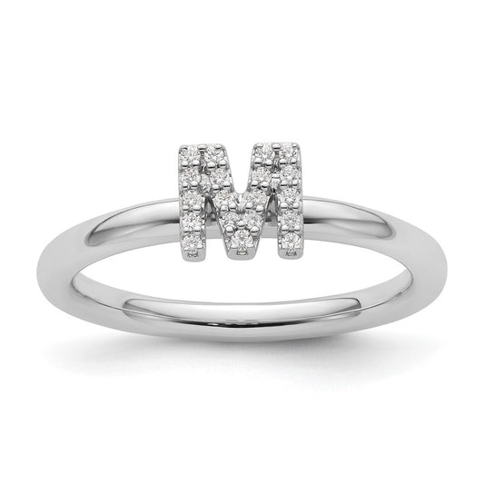 14K White Gold Stackable Diamond Initial M Ring