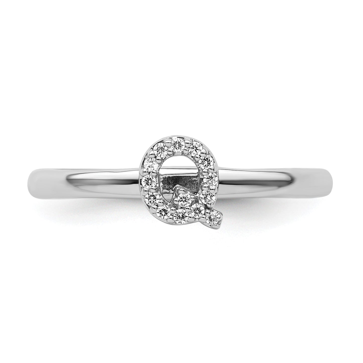 14K White Gold Stackable Diamond Initial Q Size 7 Ring