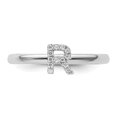 14K White Gold Stackable Diamond Initial R Size 7 Ring