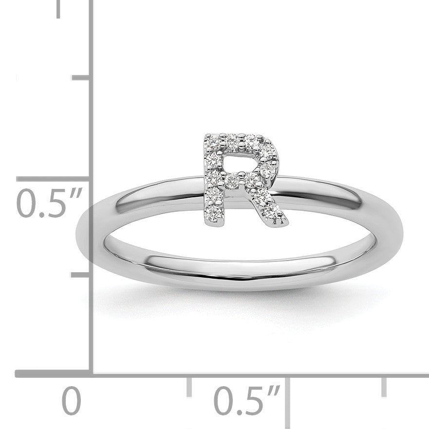 14K White Gold Stackable Diamond Initial R Size 7 Ring