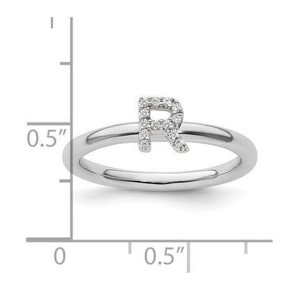 14K White Gold Stackable Diamond Initial R Ring