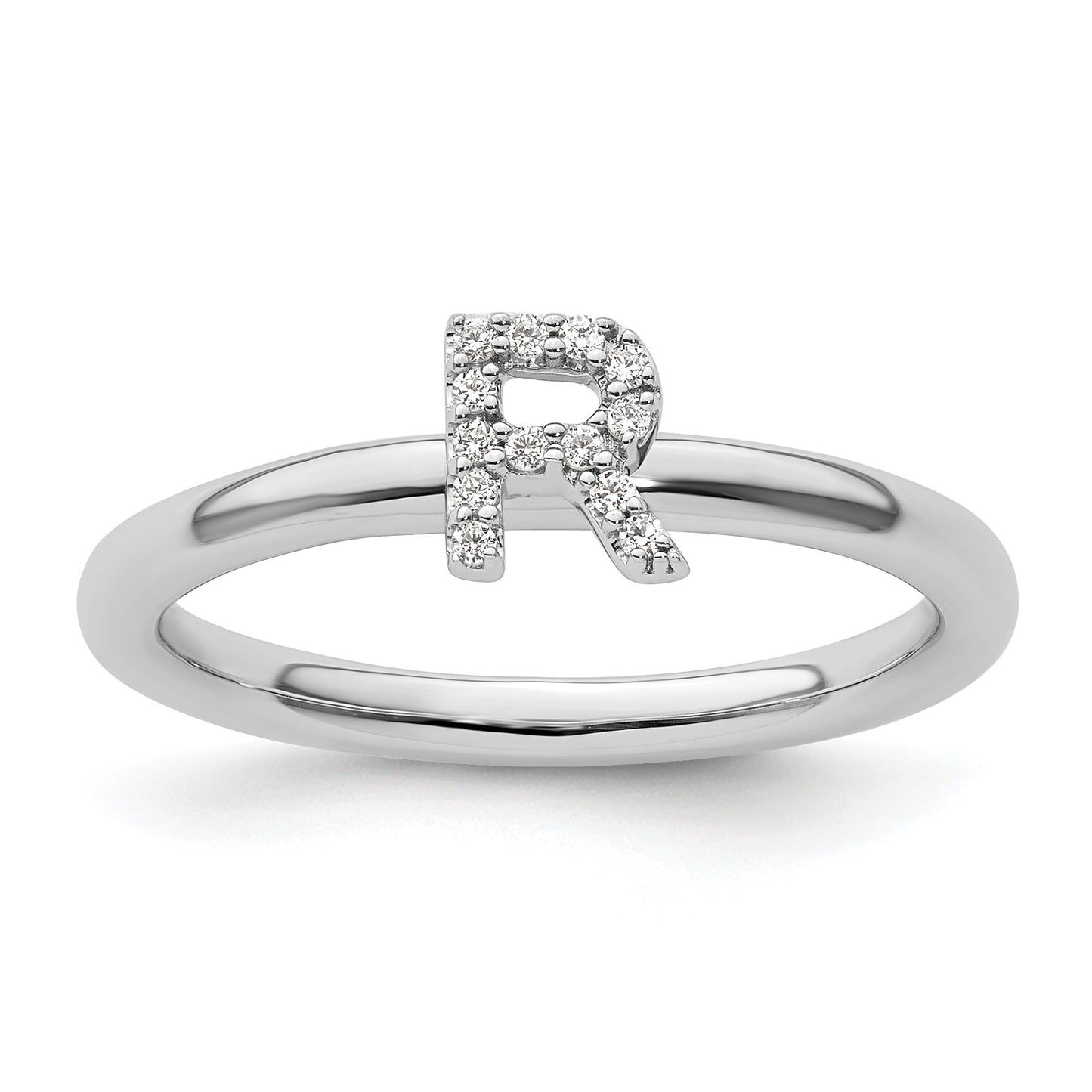 14K White Gold Stackable Diamond Initial R Size 7 Ring