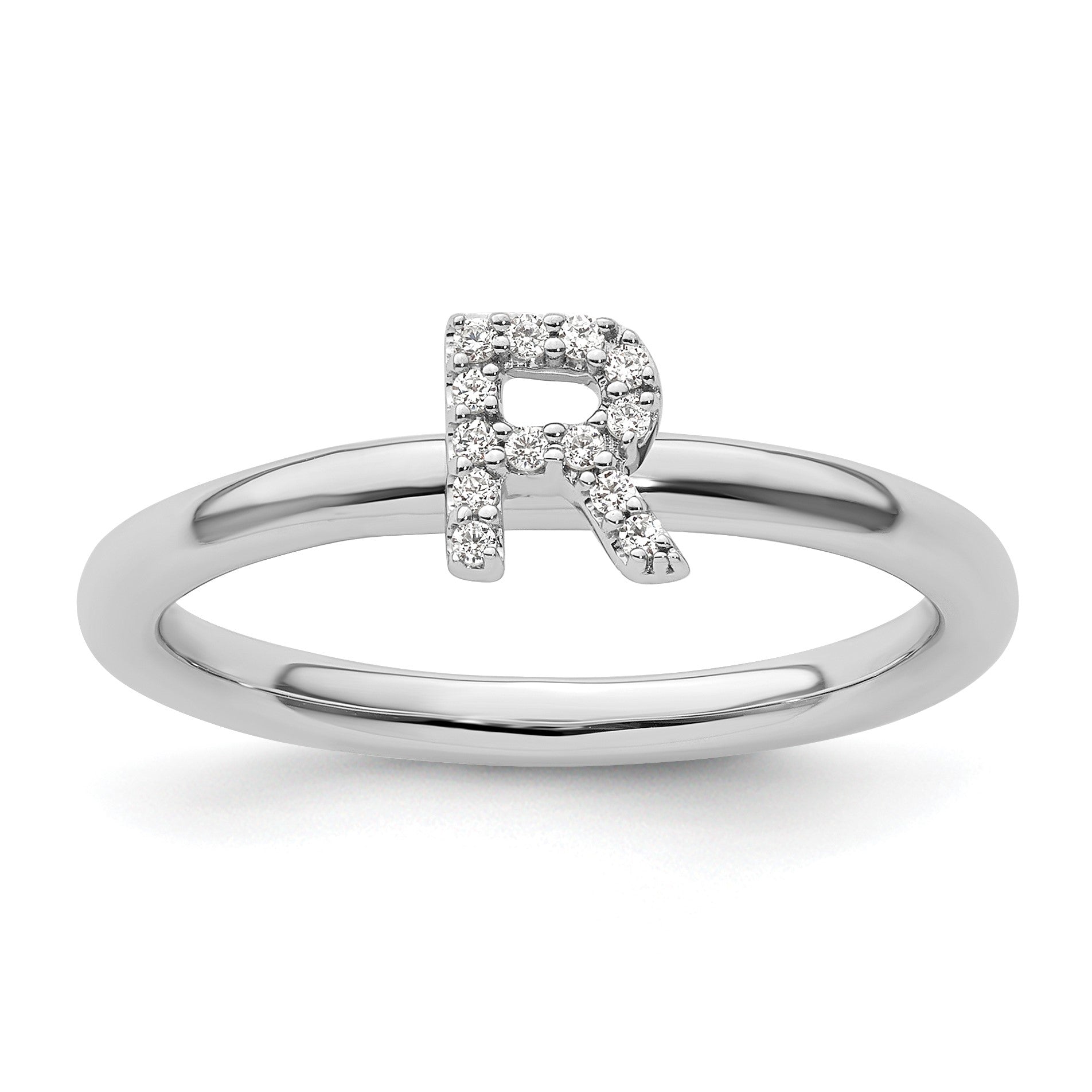 14K White Gold Stackable Diamond Initial R Size 7 Ring