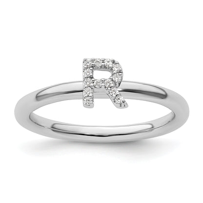 14K White Gold Stackable Diamond Initial R Size 7 Ring