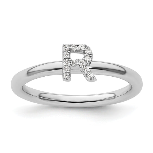 14K White Gold Stackable Diamond Initial R Size 7 Ring