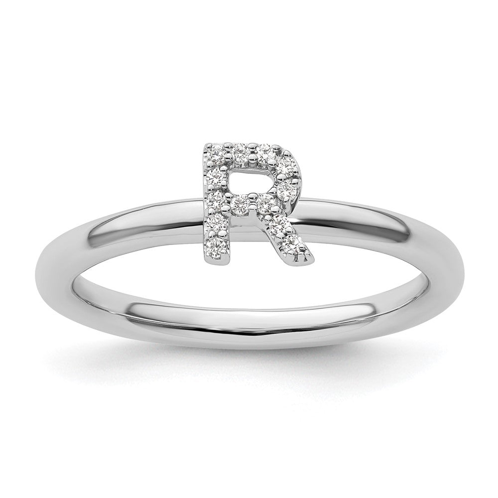 14K White Gold Stackable Diamond Initial R Ring