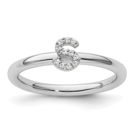 14K White Gold Stackable Diamond Initial S Size 7 Ring