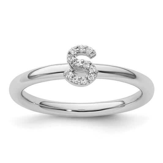 14K White Gold Stackable Diamond Initial S Ring