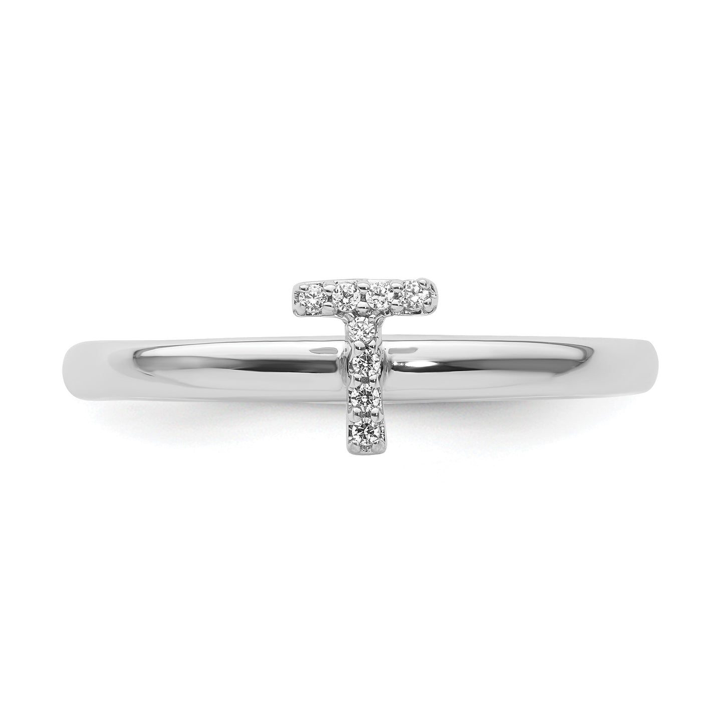 14K White Gold Stackable Diamond Initial T Size 7 Ring