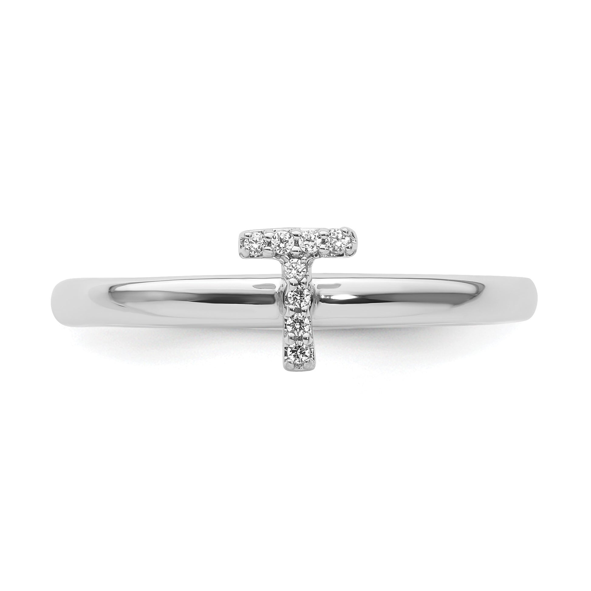 14K White Gold Stackable Diamond Initial T Size 7 Ring