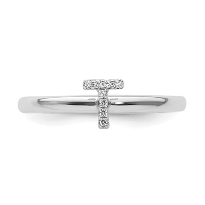 14K White Gold Stackable Diamond Initial T Size 7 Ring