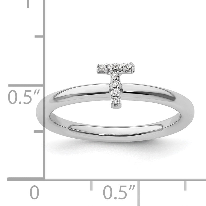 14K White Gold Stackable Diamond Initial T Size 7 Ring