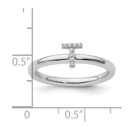 14K White Gold Stackable Diamond Initial T Ring