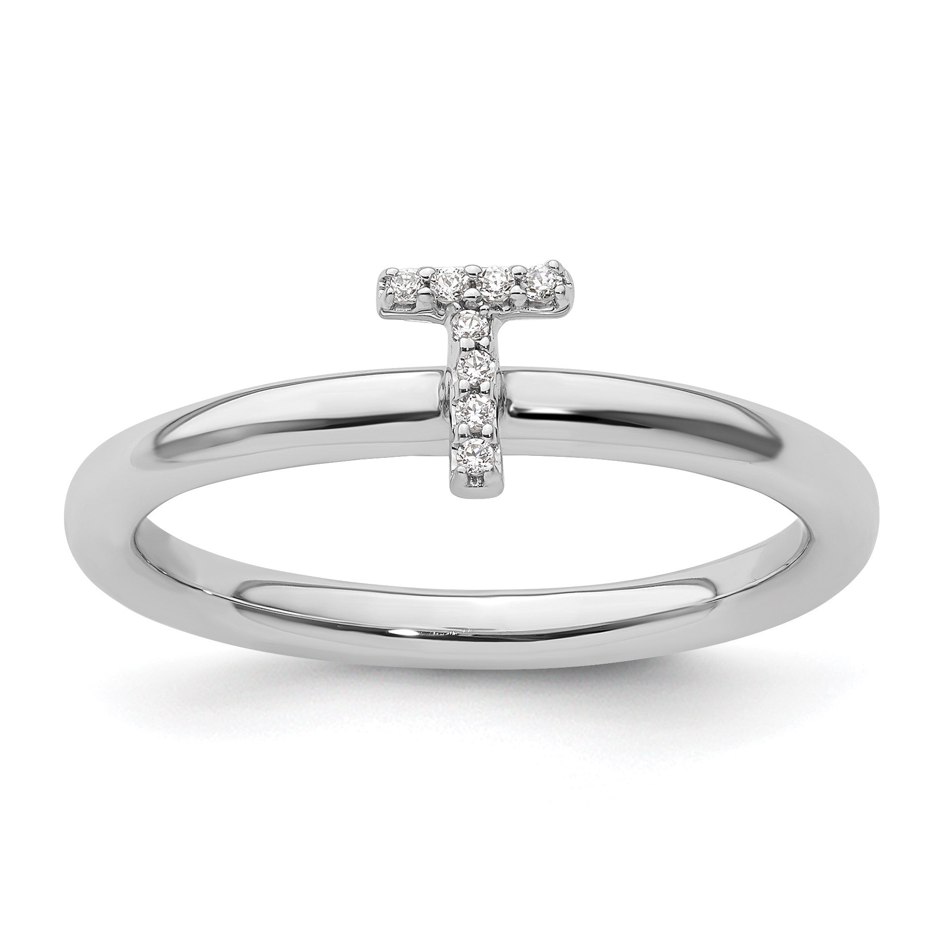 14K White Gold Stackable Diamond Initial T Size 7 Ring