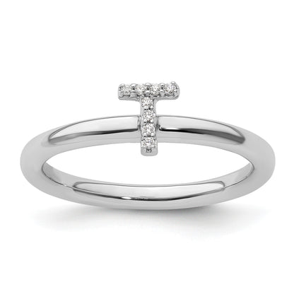14K White Gold Stackable Diamond Initial T Size 7 Ring