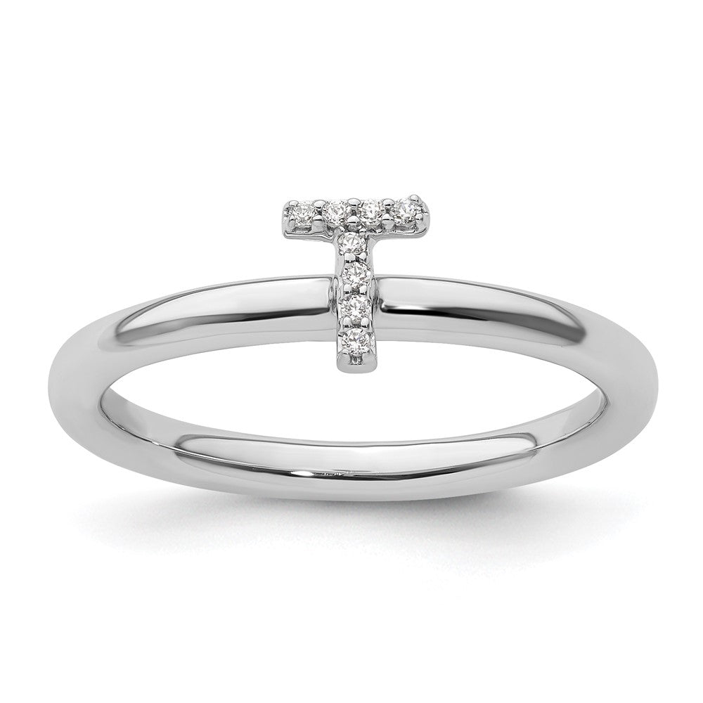 14K White Gold Stackable Diamond Initial T Ring