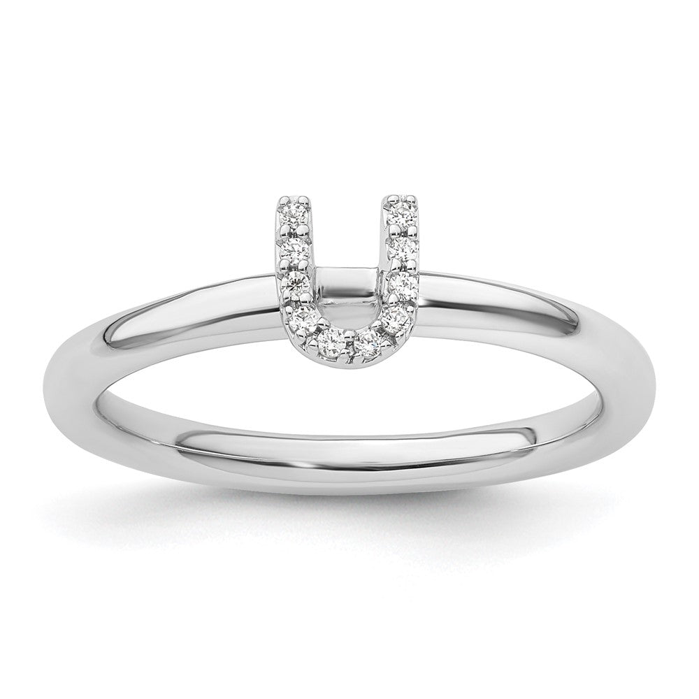 14K White Gold Stackable Diamond Initial U Ring