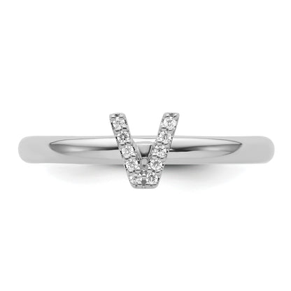 14K White Gold Stackable Diamond Initial V Size 7 Ring