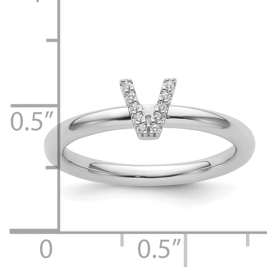 14K White Gold Stackable Diamond Initial V Size 7 Ring