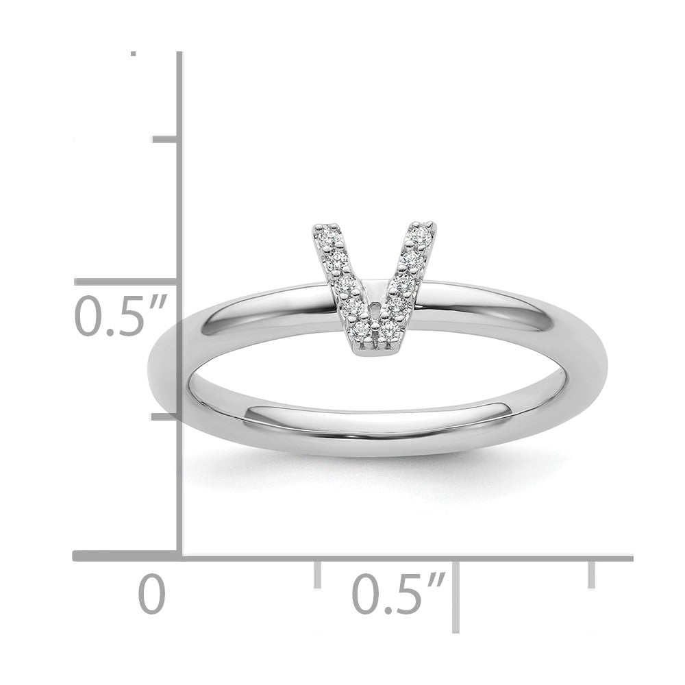 14K White Gold Stackable Diamond Initial V Ring