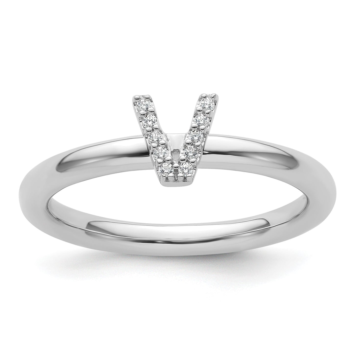 14K White Gold Stackable Diamond Initial V Size 7 Ring