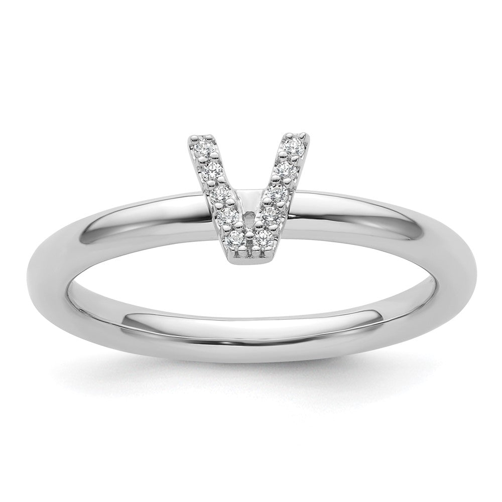 14K White Gold Stackable Diamond Initial V Ring