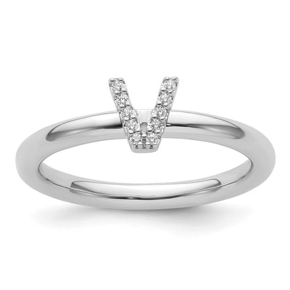 14K White Gold Stackable Diamond Initial V Ring