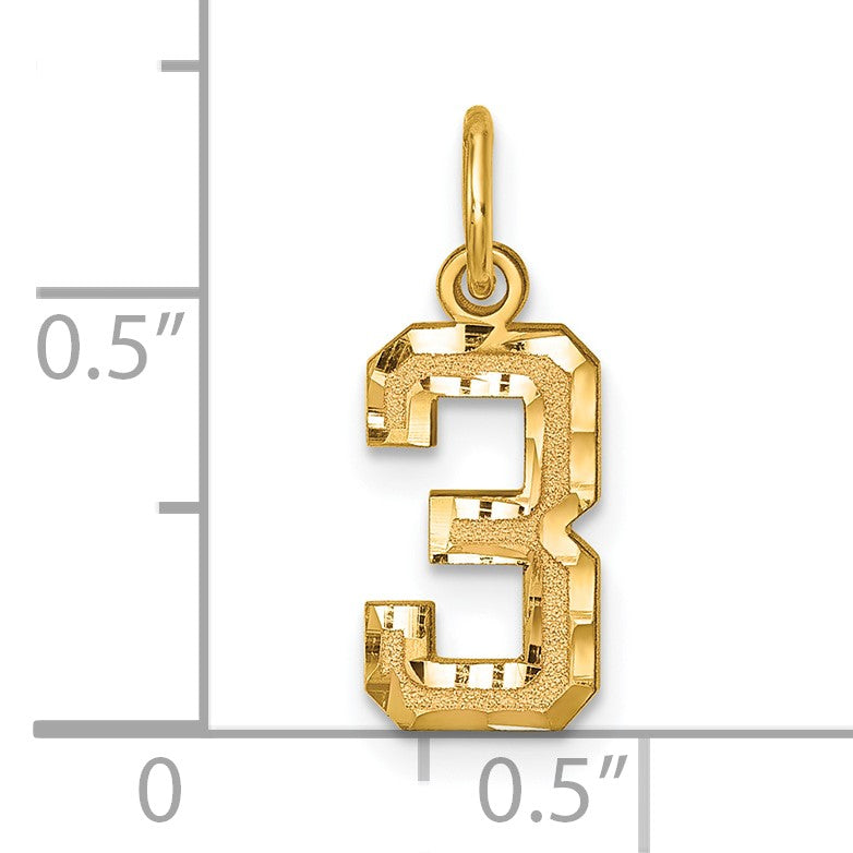 14k Small Brushed Diamond-cut Number 3 Charm