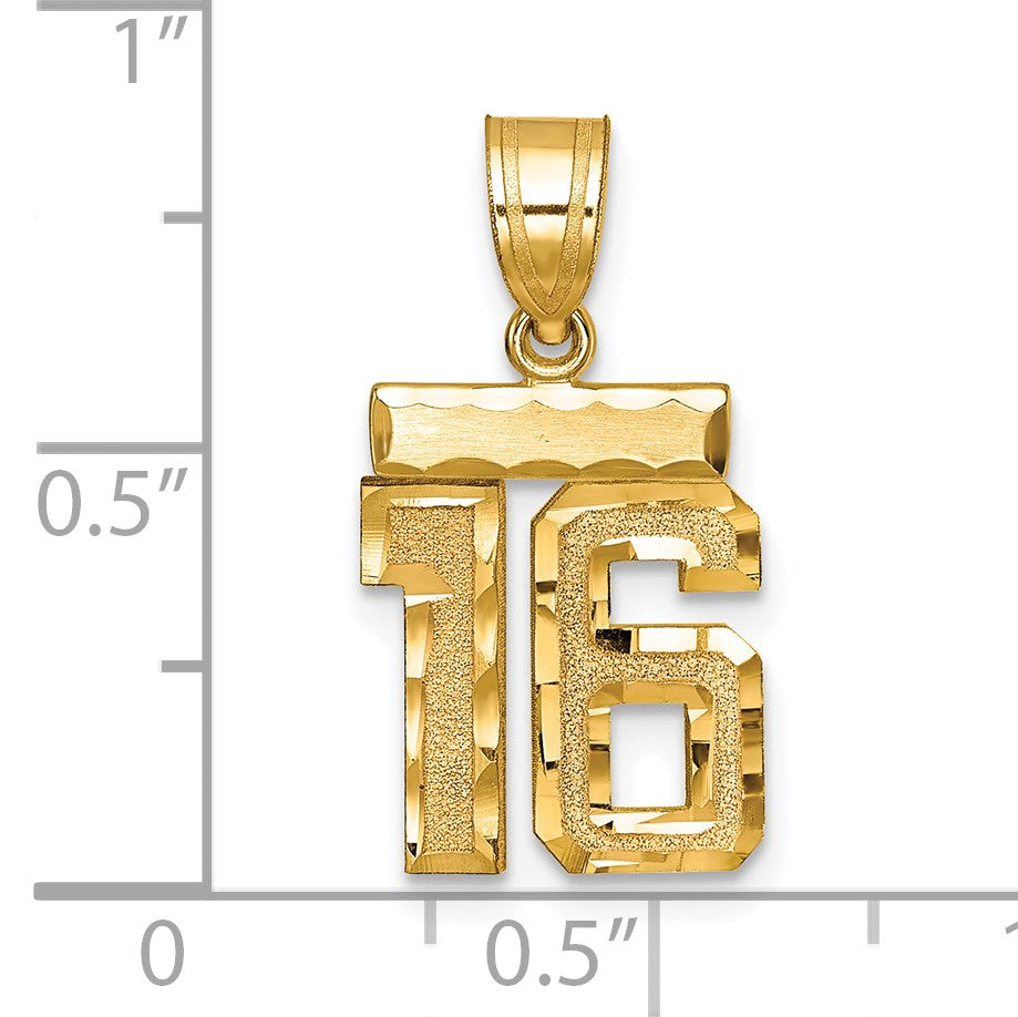 14k Small Brushed Diamond-cut Number 16 Charm