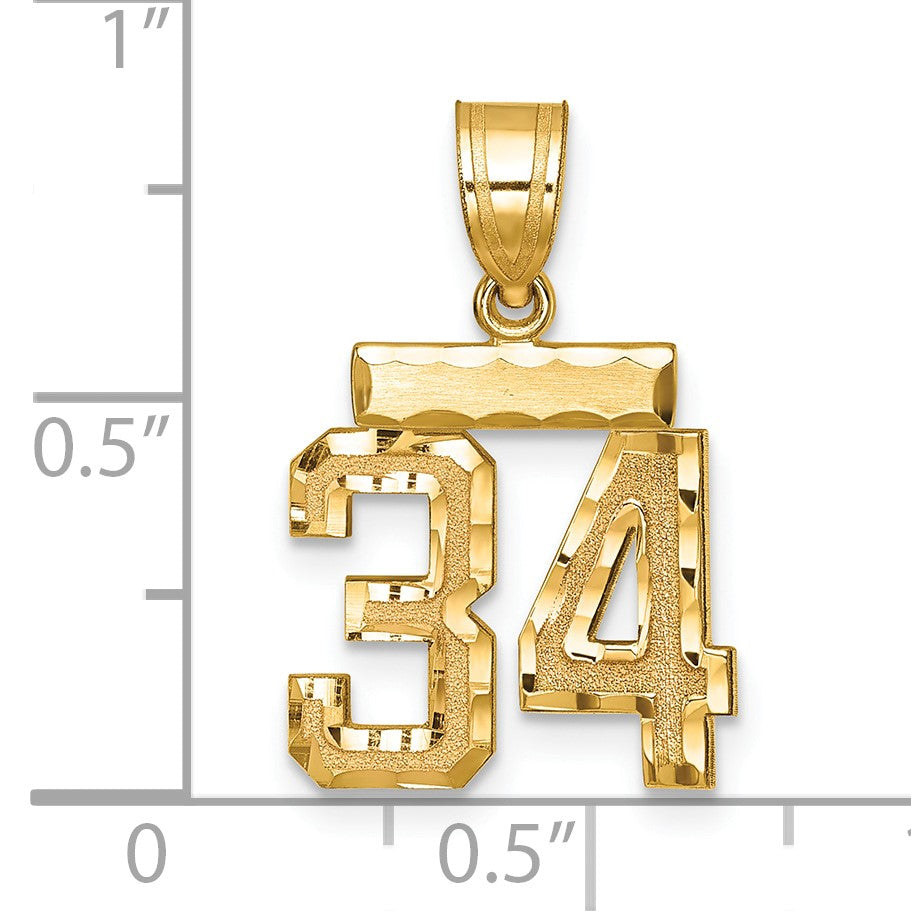 14k Small Brushed Diamond-cut Number 34 Charm