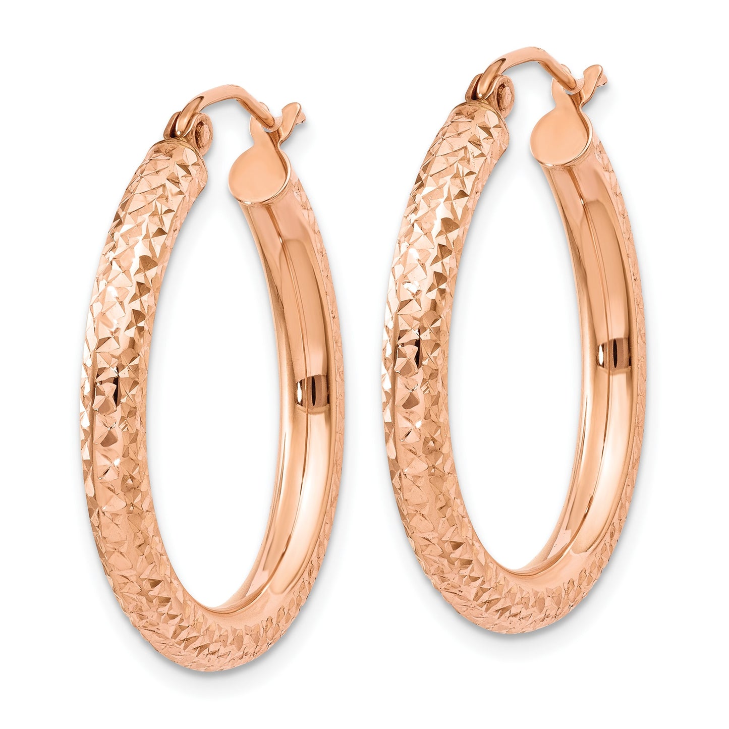 14k Rose Gold 3x25mm Diamond-cut Round Tube Hoop Earrings