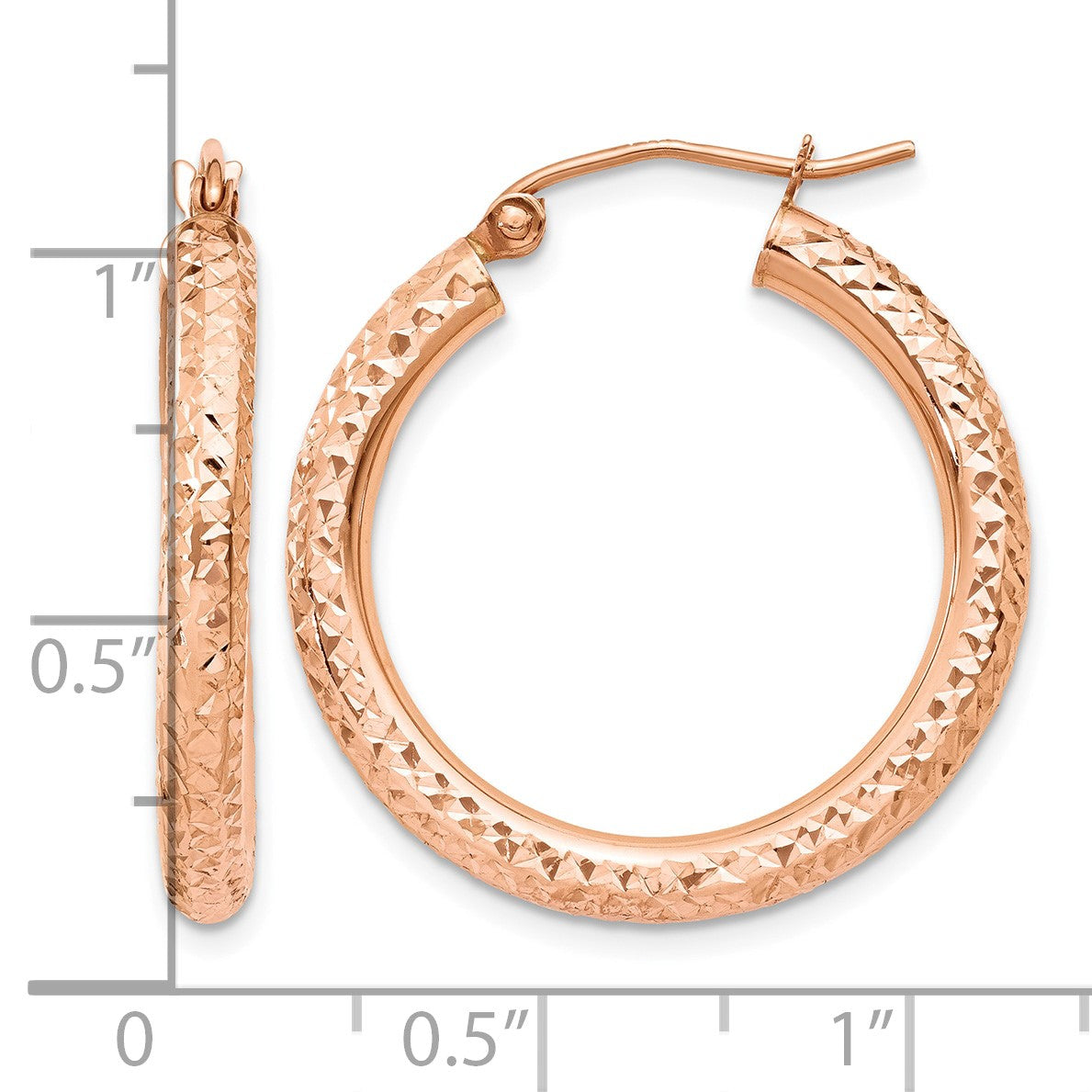 14k Rose Gold 3x25mm Diamond-cut Round Tube Hoop Earrings