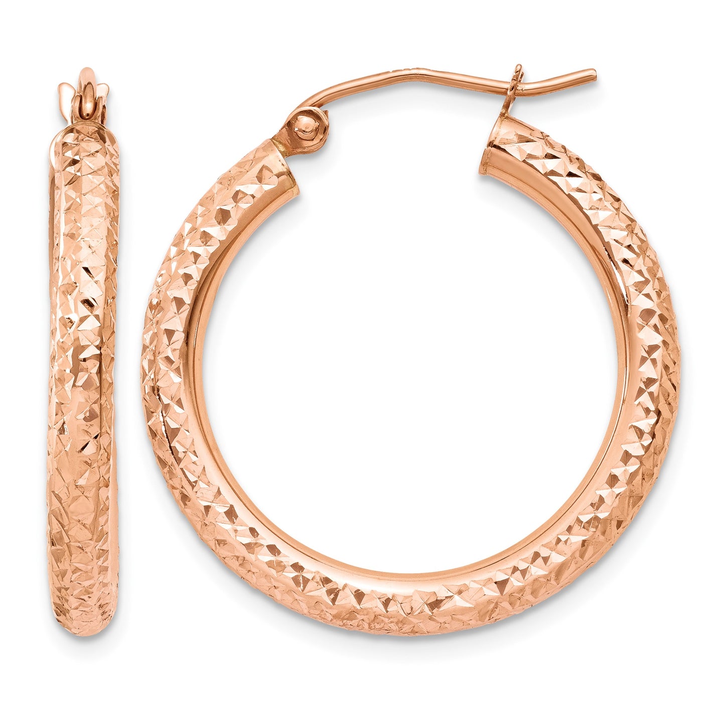 14k Rose Gold 3x25mm Diamond-cut Round Tube Hoop Earrings