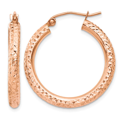 14k Rose Gold 3x25mm Diamond-cut Round Tube Hoop Earrings