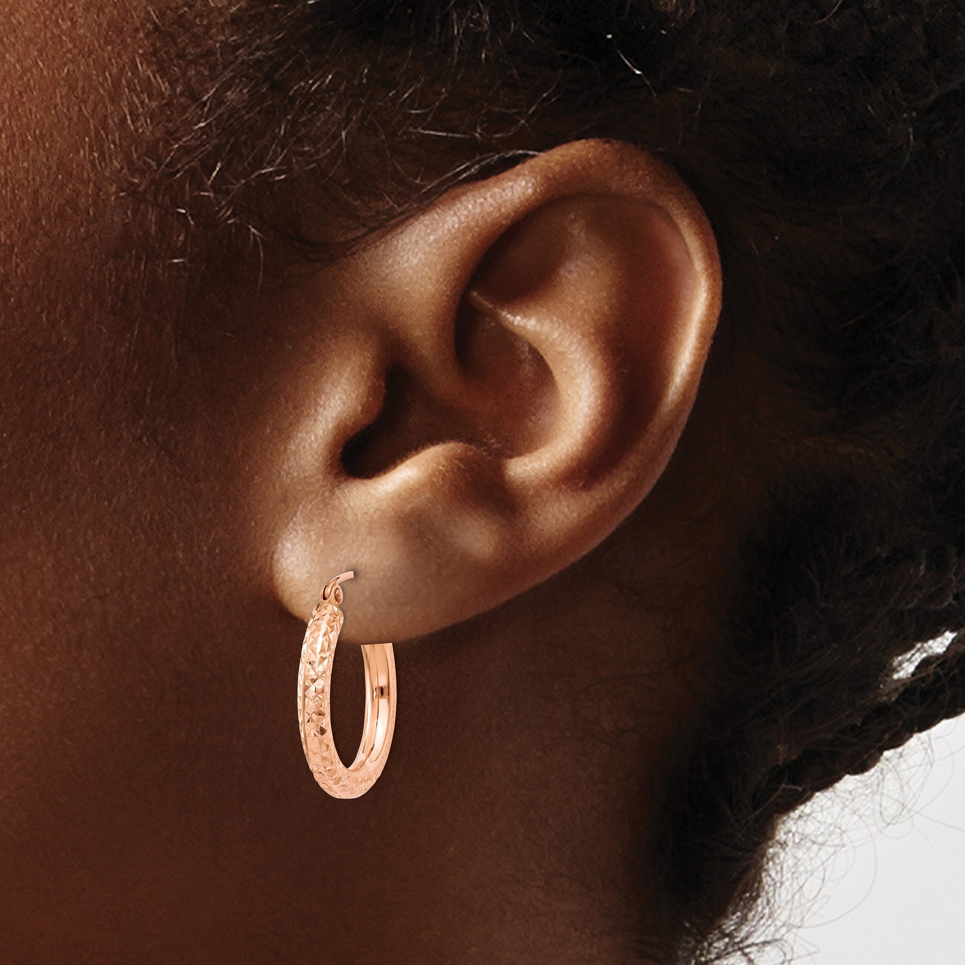 14k Rose Gold 3x20mm Diamond-cut Round Tube Hoop Earrings