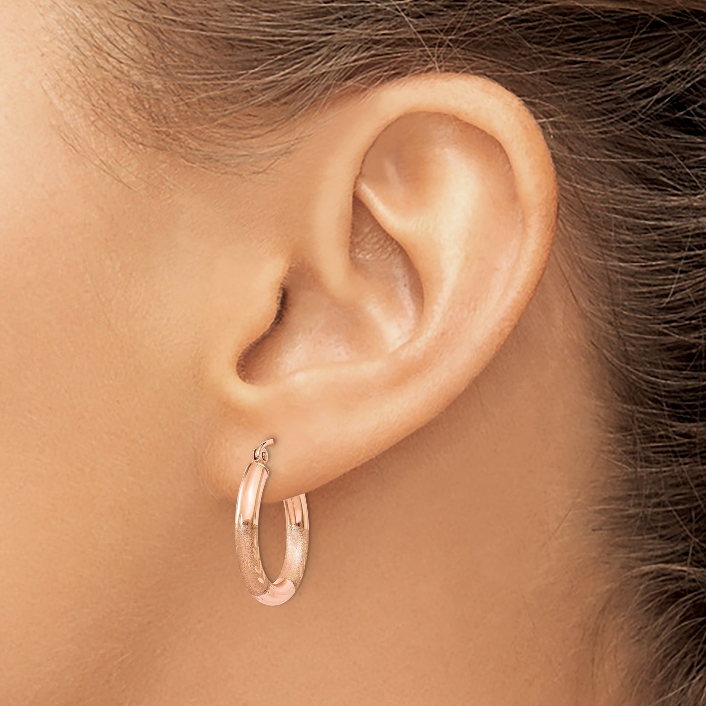 14k Rose Gold 3x18mm Satin Diamond-cut Round Tube Hoop Earrings