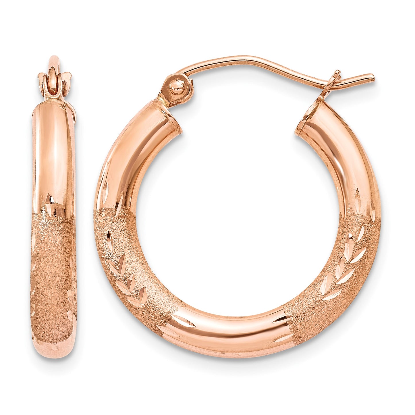 14k Rose Gold 3x18mm Satin Diamond-cut Round Tube Hoop Earrings
